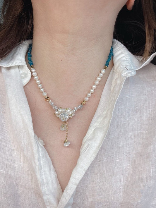 #PN439 [Floral Series] Blue Sky | Freshwater Pearl Necklace |Blue Apatite|Dangling Design|Petal Pearl |Irregular