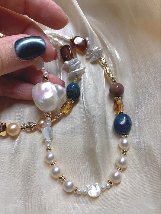 #PN204 Autumn Garden |Freshwater Pearl Necklace & Bracelet Set|Baby Baroque Pearl |Big Petal Baroque Pearl |Tea Quartz |Natural Stones |Cat Head Shell