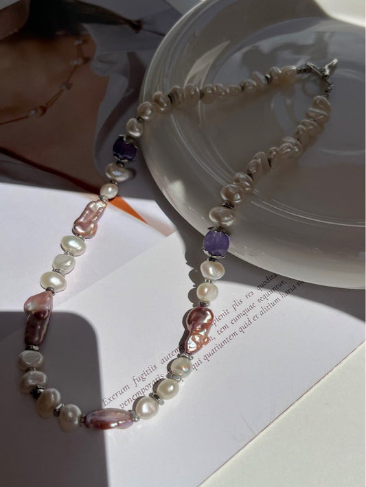 #PN383 [Sale]Silken Moonlight|Handmade Original Design | Freshwater Pearl Necklace |Big Baroque Pearl |Purple Quartz