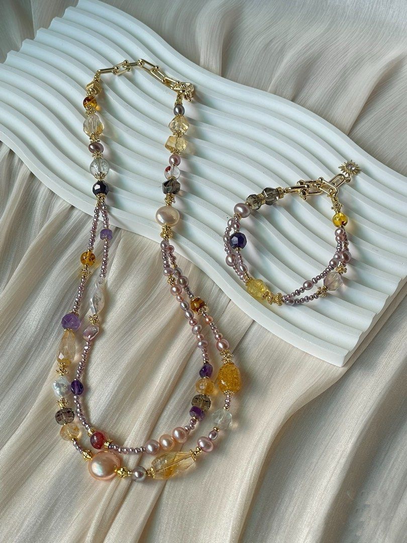 #PN01 Serene Spectrum |Freshwater Pearl Necklace & Bracelet Set |Baby Baroque |Coin Baroque |Double-layer|Beeswax|Amethyst Freeform |Citrine|Fire Quartz |Fluorite