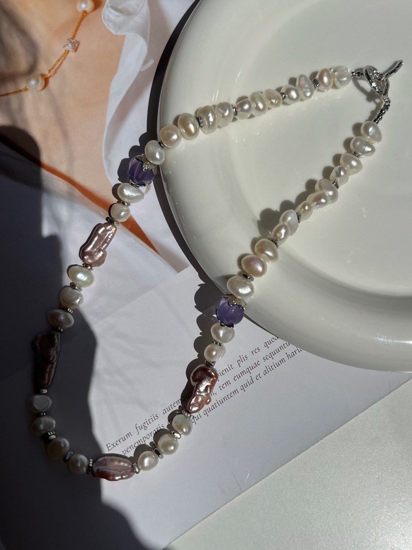 #PN383 [Sale]Silken Moonlight|Handmade Original Design | Freshwater Pearl Necklace |Big Baroque Pearl |Purple Quartz