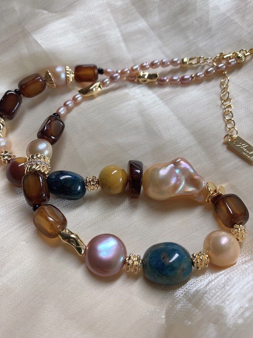 #PN390 [Sale]Handmade Original Design |Freshwater Pearl Necklace |Brown Agate|Natural Stones|Big Baroque Pearl |Button Pearl