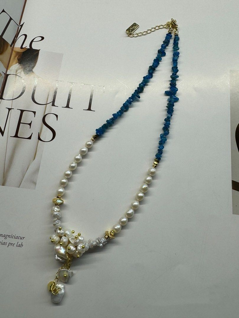 #PN439 [Floral Series] Blue Sky | Freshwater Pearl Necklace |Blue Apatite|Dangling Design|Petal Pearl |Irregular