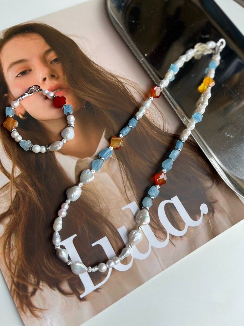 #PN184 Blue & Red|Freshwater Pearl Necklace & Bracelet Set|Agate Clover|Aquamarine Original Stone|Gourd Shaped Pearl|Bow|Baroque Pearl