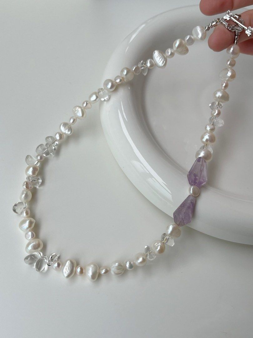 #PN401 Clear Purple |Freshwater Pearl Necklace |Baroque Pearl | Amethyst Pointer |Clear Quartz