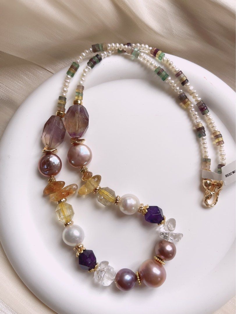 #PN391 [Sale]Medium Long Freshwater Pearl Necklace |Colourful|Baroque Pearl |Purple Quartz |Yellow Quartz