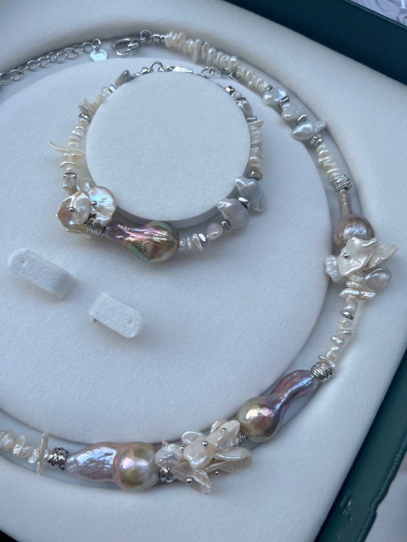 #PN32 [Floral Series]Layered Petals Avocado Freshwater Water-drop Baroque Pearl Necklace & Bracelet