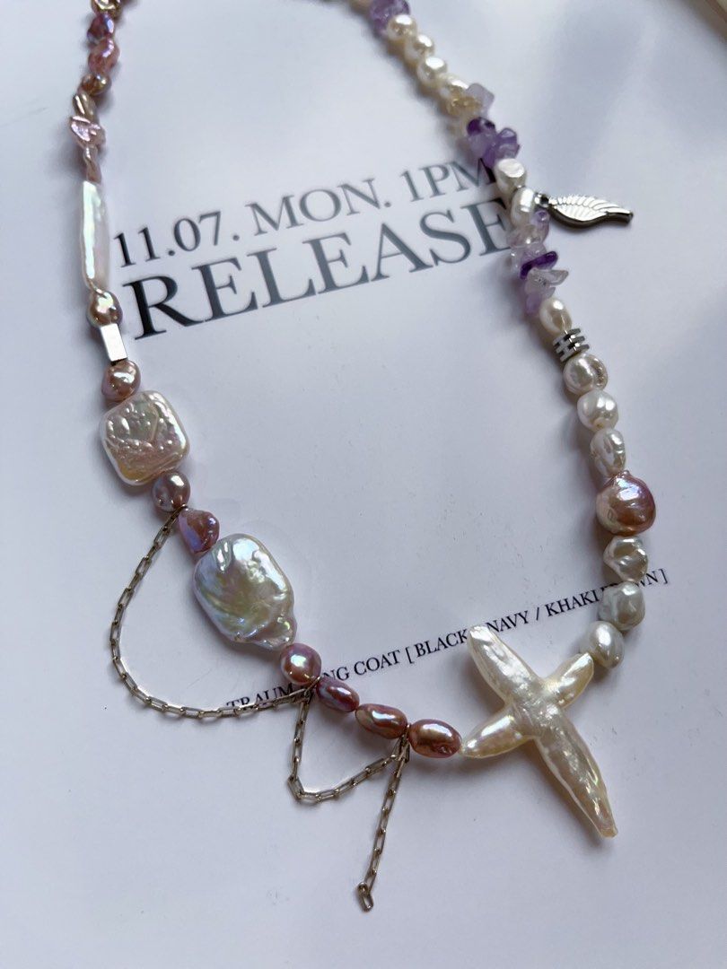 #PN407 [Sale]Handmade Original Design Freshwater Pearl Necklace |Double-sided|Big Waterdrop Baroque Pearl Removable Pendant|Cross|Purple Quartz |Dripping