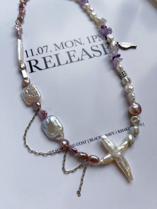 #PN407 [Sale]Handmade Original Design Freshwater Pearl Necklace |Double-sided|Big Waterdrop Baroque Pearl Removable Pendant|Cross|Purple Quartz |Dripping