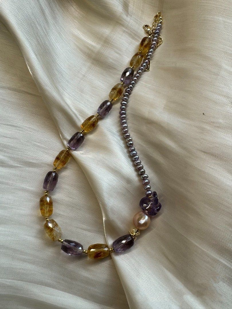 #PN441 [Floral Series] Purple Heart|Freshwater Pearl Necklace |Purple & Yellow Quartz |Baby Baroque Pearl |Lustrous