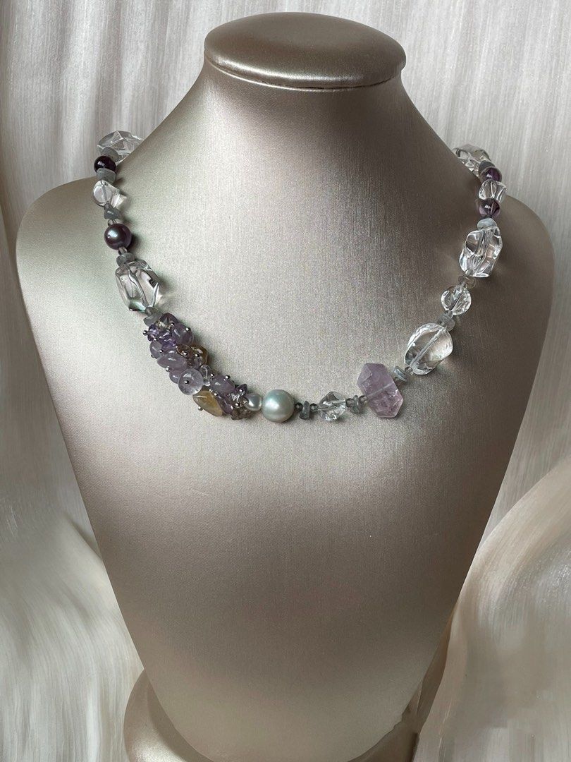 #PN351 [Floral Series] Jewels of the Earth|Freshwater Pearl Necklace |High Quality Big Clear Quartz Freeform |Edison Pearl |Ametrine Petals|Purple Phantom