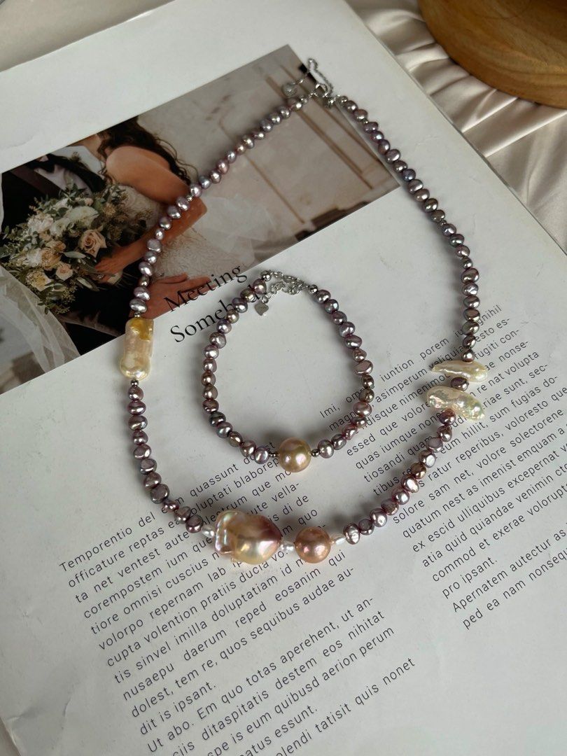 #PN367 Monster Purple |Freshwater Pearl Necklace & Bracelet Set |Baby Irregular Baroque Pearl |Metallic Deep Purple Lustre|Fishtail, Lute Shaped Baroque Pearl