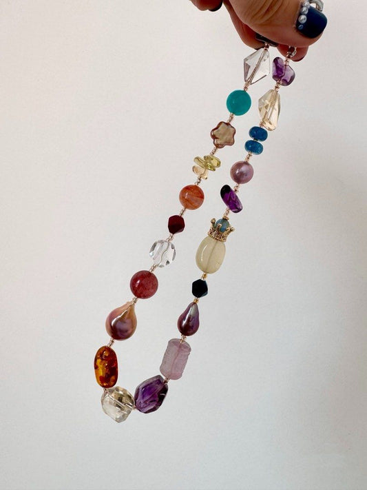 #PN300 Multi-Gems| Freshwater Pearl Necklace | Big Baroque Pearl | Amber Freeform | Fluorite Barrel | Amethyst, Citrine Freeform | Clear Quartz | Fire Quartz