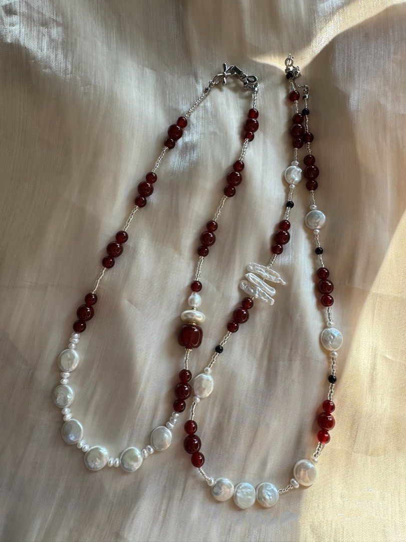 #PN247 Dark Moon|Freshwater Pearl Necklace |Double-layered|Garnet|Perfect Coin Pearls|Lustrous|Cool Silver