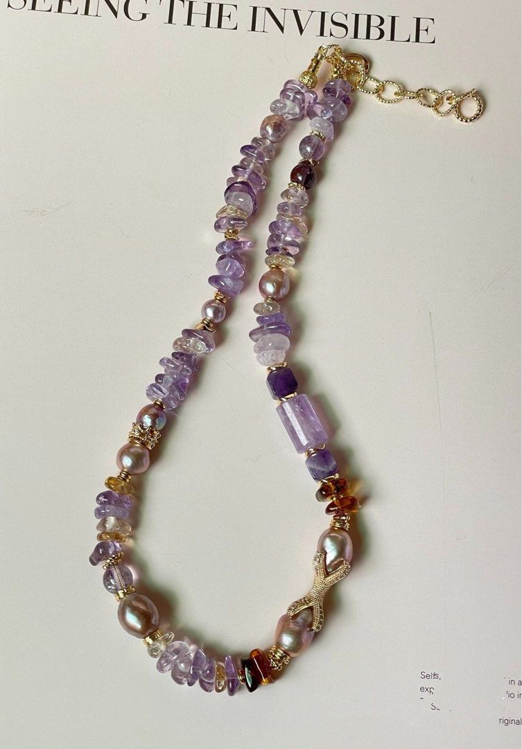 #PN304 Pearl & Stone Serenity | Freshwater Pearl Necklace | Amethyst Stack, Barrel | Amber Stack | Edison Pearl