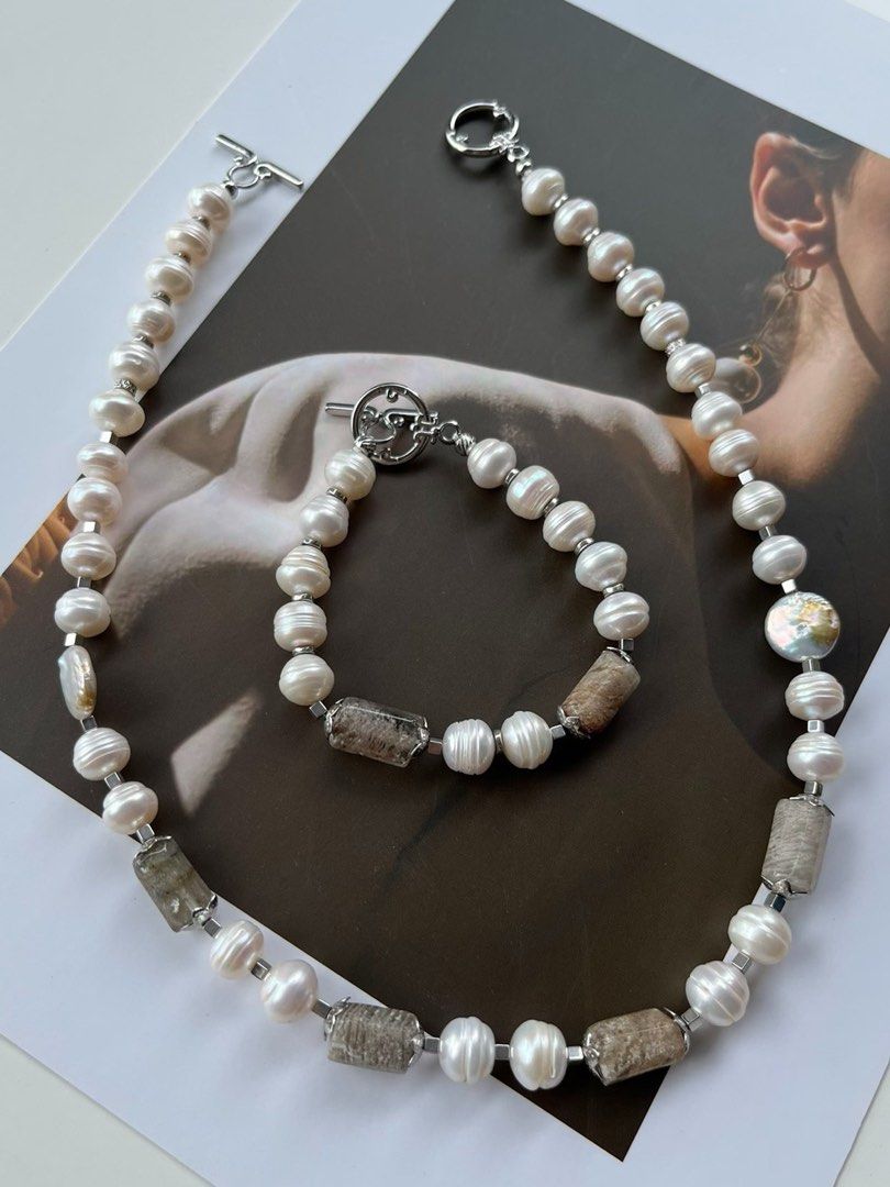 #PN234 Unisex| Freshwater Pearl Necklace & Bracelet Set |UFO Shaped Pearl |Grey Agate|Natural Growth Lines