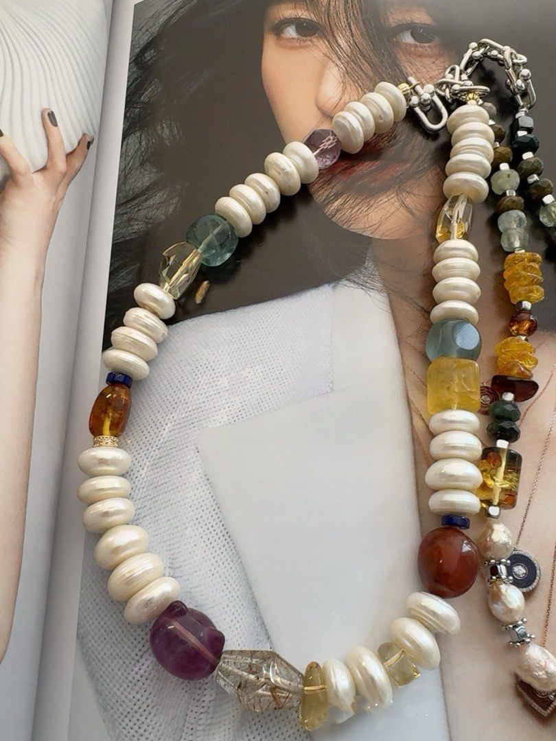 #PN412 Exotic Princess | Freshwater Pearl Necklace | Fluorite|Yellow Quartz | Big Coin Pearl| Purple Quartz | Nanhong Agate|Black Golden Super Seven Quartz |Beeswax