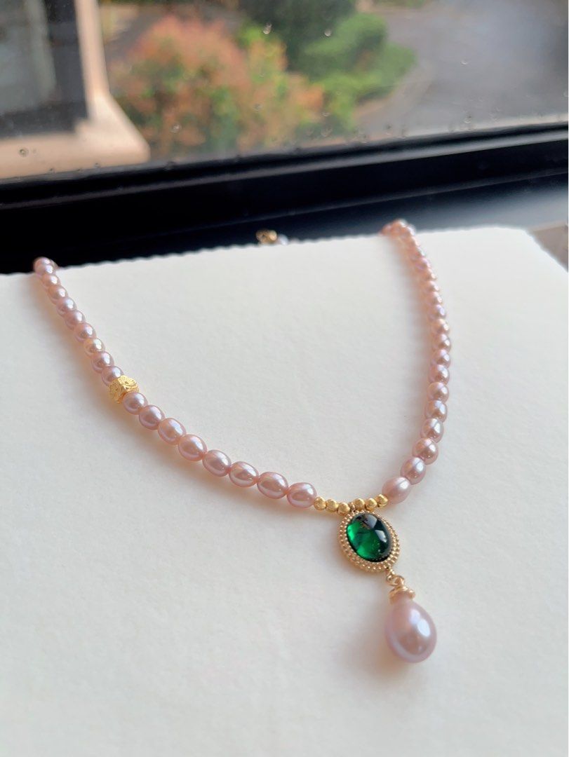 #PN126 Freshwater Pearl Necklace |Purple Pearls|Metallic Lustre| Green Nano Pendant |Peach Blossom Charm