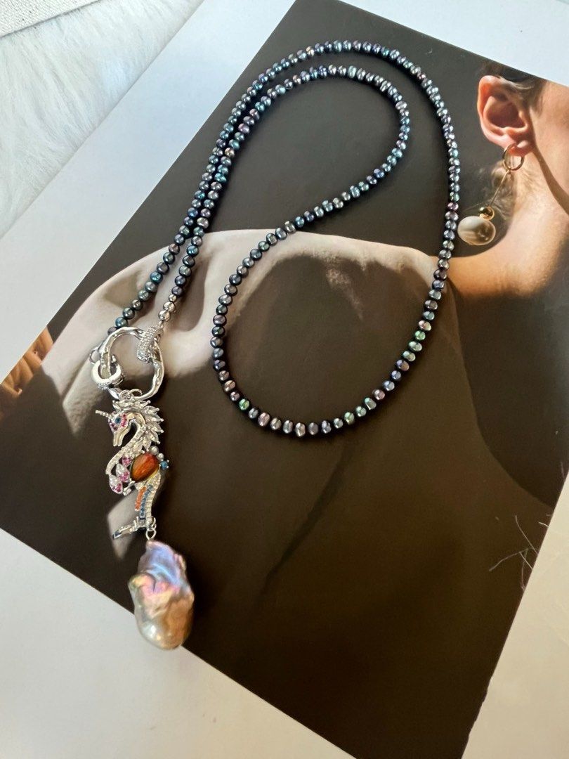 #PN370 Deep Sea|Freshwater Pearl Necklace |Seahorse Pendant |Purple-golden Big Baroque |Baby Dark Pearl |Rare|Gothic Style |Electro-coated Colour