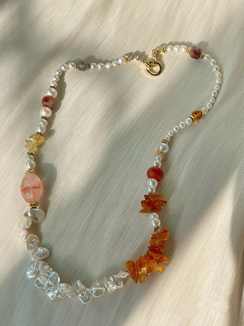 #PN303 Nature’s Elegance |Freshwater Pearl Necklace |Beeswax Petal|Big Fire Quartz Barrel |Petal Baroque Pearl |Green Phantom | Citrine Debris