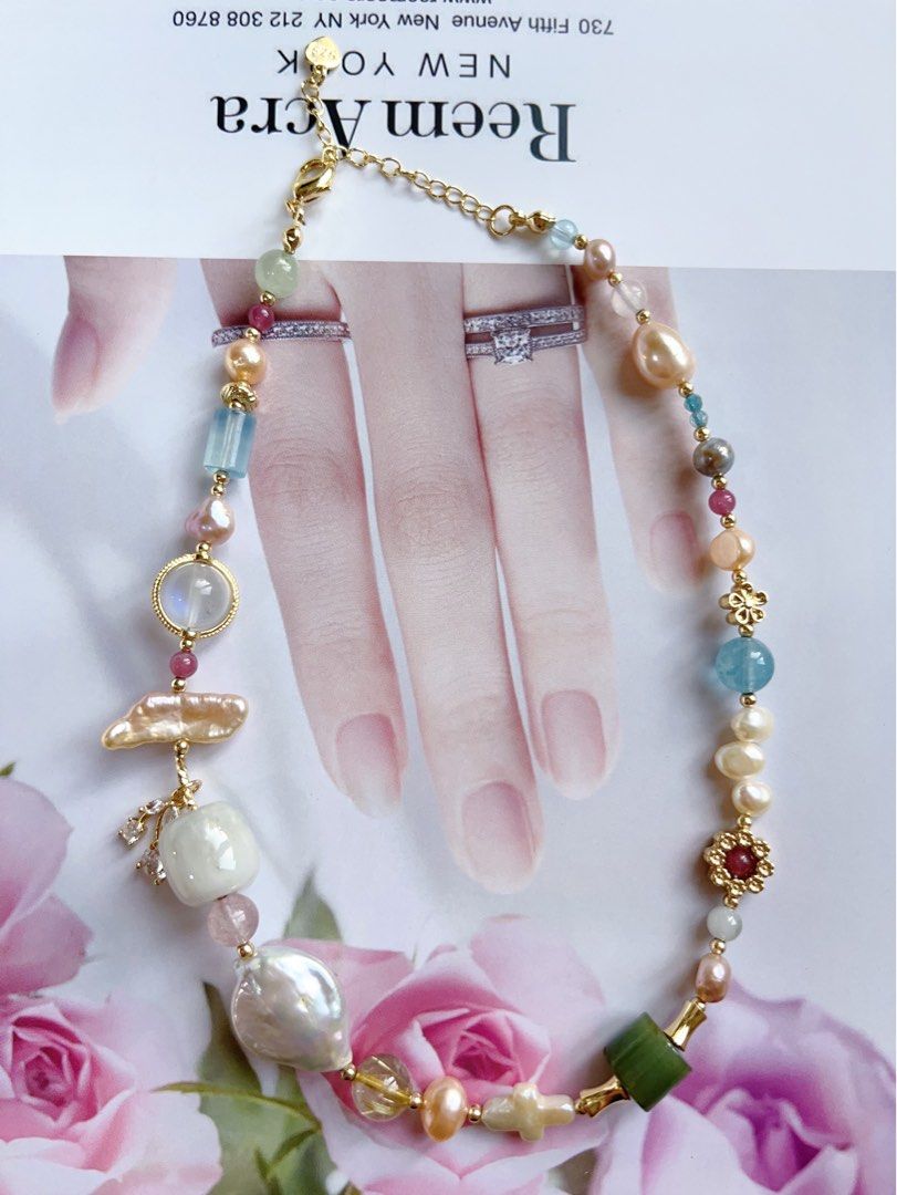 #PN403 “Rose Garden” Natural Freshwater Pearl Necklace |Natural Stones|Moonstone|Jade|Aquamarine|Tourmaline|Agate|Baroque Pearl |Mixed Shape