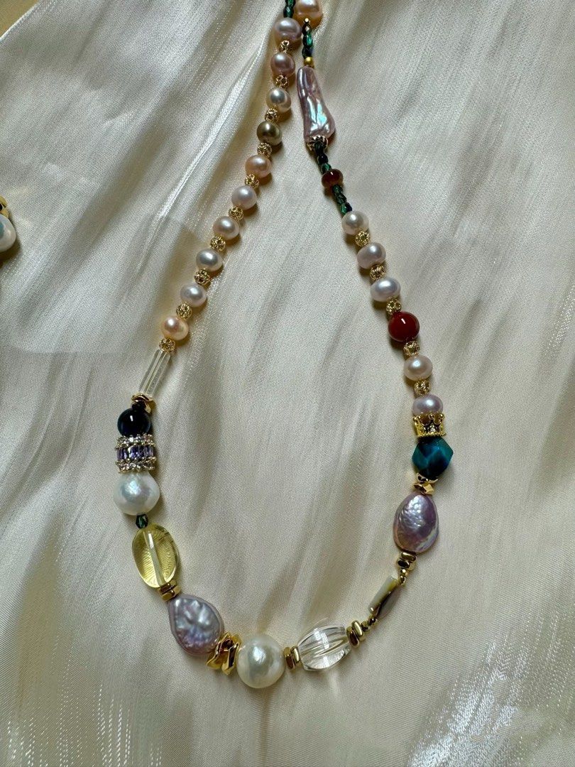 #PN435 Storm Queen| Freshwater Pearl Necklace |Amber|Water-drop Shaped Pearl|Wrinkled Pearl |White Quartz |Lute Pearl