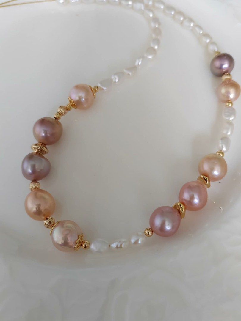 #PN381 [Clearance Sale] Golden Stage| Freshwater Pearl Necklace | Peach, Purple Baroque Pearl | Baby Baroque Pearl | Excellent Lustre