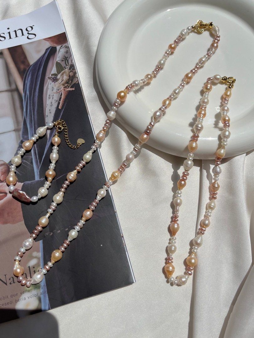 #PN185 [Sale]Genuine Freshwater Spiral Baroque Pearl Necklace & Bracelet & Sweater Necklace |3 Pieces Set|Mixed Colour