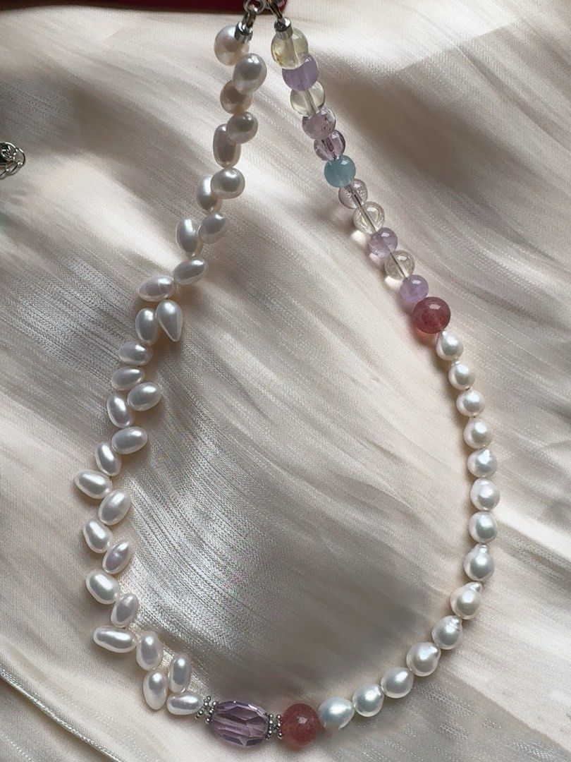 #PN425 Fresh Breeze|Freshwater Pearl Necklace |Wheat Ear Design|Baroque Pearl |Purple Quartz |Strawberry Quartz