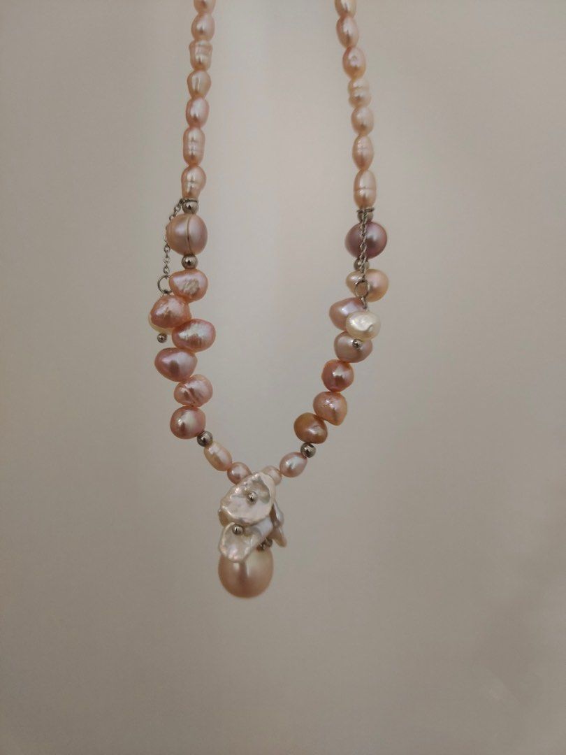 #PN179 [Floral Series] Two-eight Holed Baroque Pearl Necklace |Flower Pendant |Pink-Purple