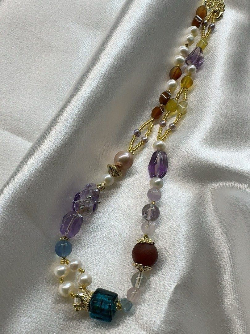 #PN424 [Floral Series] Dream Catcher| Freshwater Pearl Necklace |Purple Quartz |Purple Edison Pearl |Tea Agate