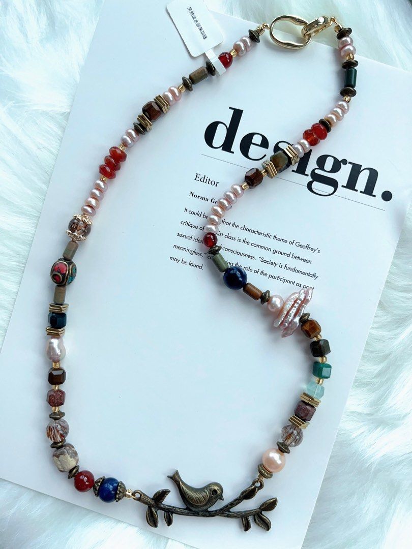 #PN330 Forest Song| Freshwater Pearl Necklace | Garnet Abacus Faceted| Abacus Pearl| Lute Baroque | Bird and Branch Charm