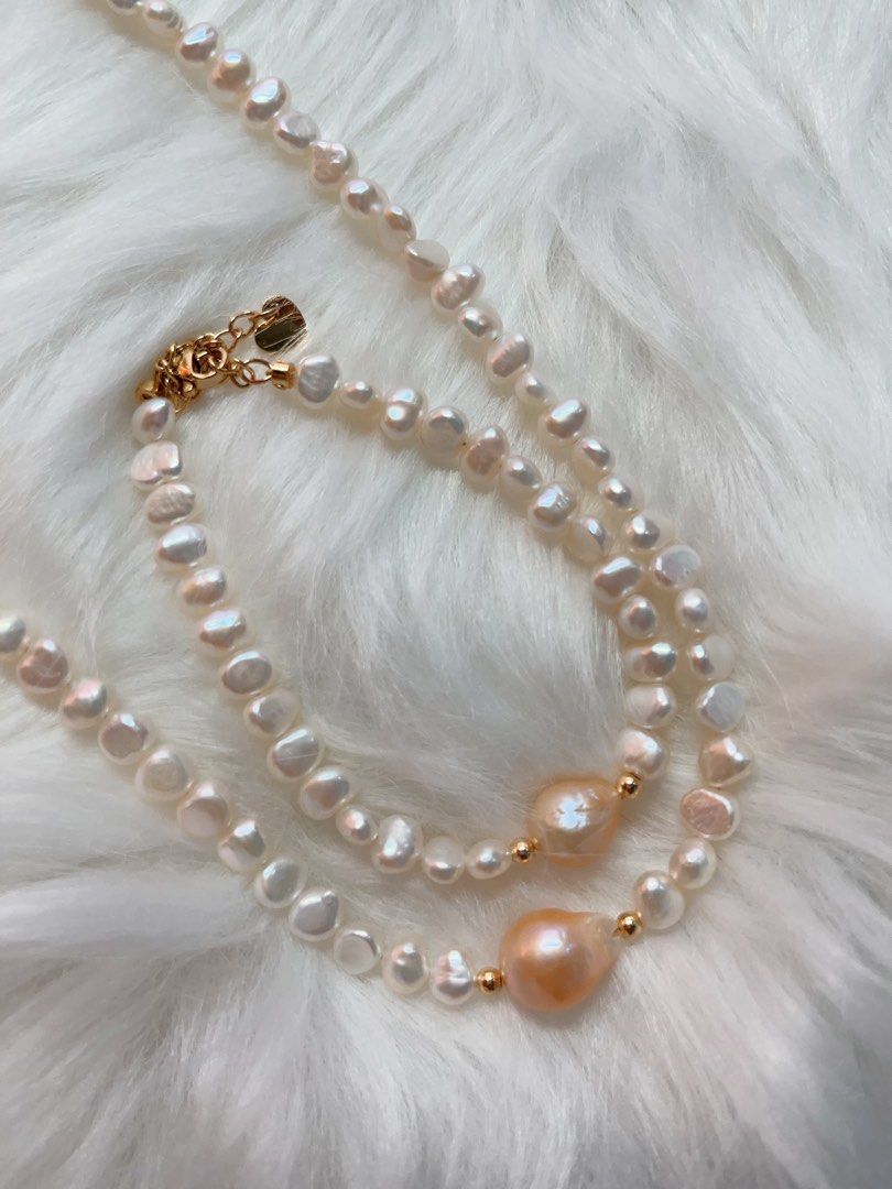 #PN405 Pink in White| Freshwater Pearl Necklace & Bracelet Set | Big Baroque Pearl | Champagne Pink| White Baroque Pearl | Lustrous