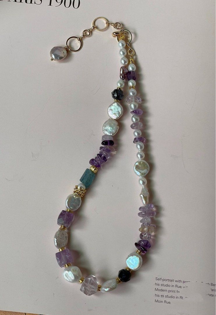 #PN378 Lavender Waves|Freshwater Pearl Necklace |Aquamarine| Amethyst Free-form |Lustrous Coin Pearl |Iolite