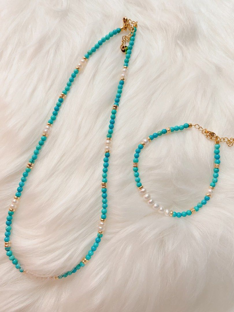 #PN328 Skyline | Freshwater Pearl Necklace & Bracelet Set | Turquoise | Baby Baroque Pearl