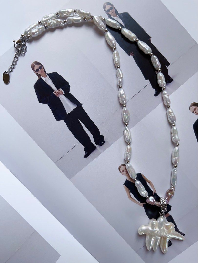 #PN385 [Sale]Handmade Original Design Freshwater Pearl Necklace |”Stick” Baroque Pearl |Natural Joining Cross Pearl Pendant Removable