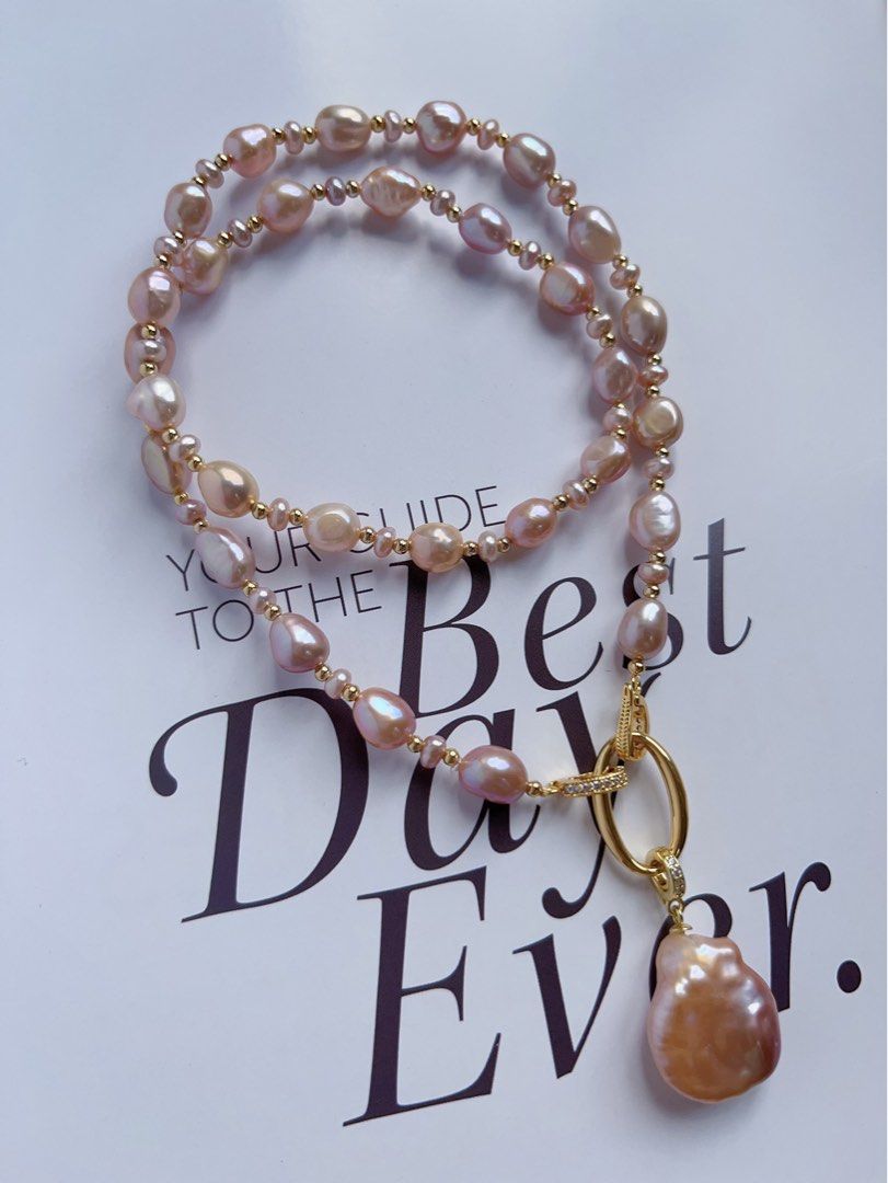 #PN380 [Clearance Sale] Purple Stones| Freshwater Pearl Necklace |Removable Pendant |Wear Multi Way|Removable Connector Ring|Gorgeous Lustre|Baroque Pearl |Big Pendant