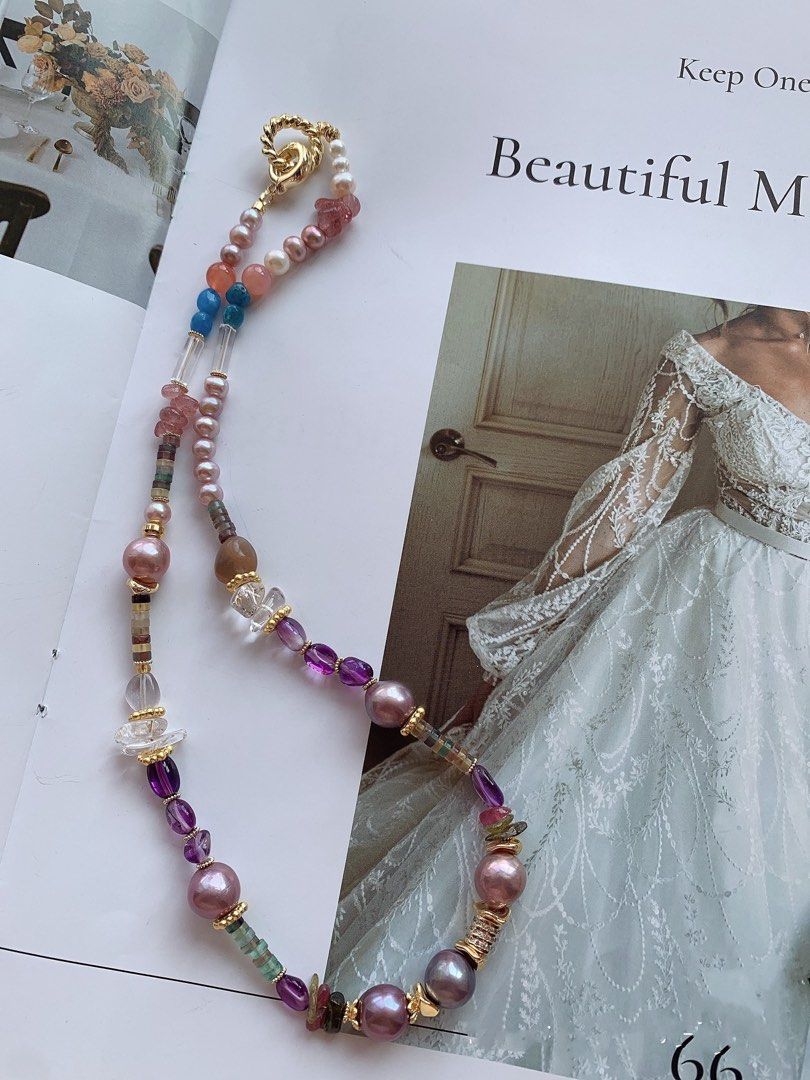 #PN389 [Sale]Freshwater Baroque Pearl & Natural Quartz Necklace |Big Edison Pearl |Crimson Agate|White & Strawberry & Purple Quartz |Amazonite|Fluorite