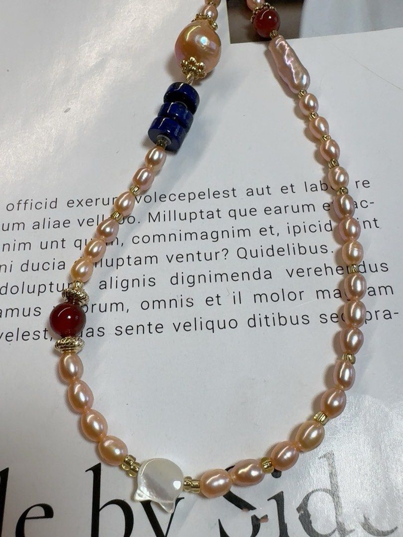 #PN428 Effortless Beauty |Freshwater Pearl Necklace |Baby Baroque Pearl |Champagne Pink|Lustrous Wrinkled Baroque Pearl |Lapis Lazuli|Cute Cat Head Mother of Pearl