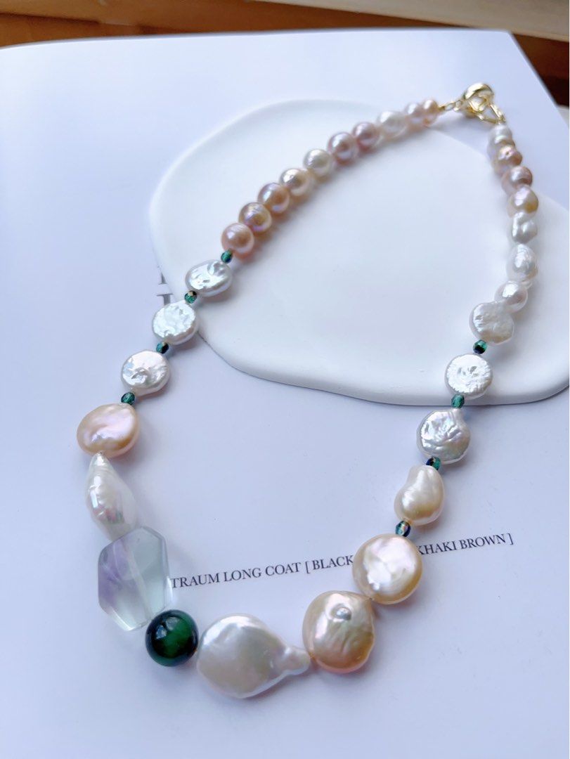 #PN399 [Sale]Autumn’s Forest |Freshwater Pearl Necklace |Fluorite|Malachite|Coin Pearl |Colourful|Wrinkled Baroque Pearl |Golden Lustre