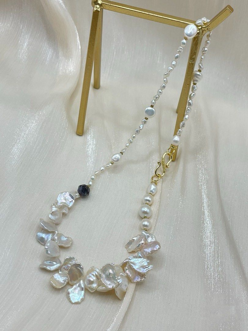 #PN349 Waves of Nature| Freshwater Pearl Necklace | Big Baroque Petals | Lustrous | Keshi Pearl | Iolite Faceted | Baby Pearl
