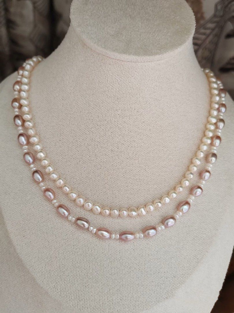 #PN291 Sea Breeze | Freshwater Pearl Necklace | Long Sweater Necklace | Lustrous Purple Rice Pearl | White Baroque Pearl | Zircon Clasp