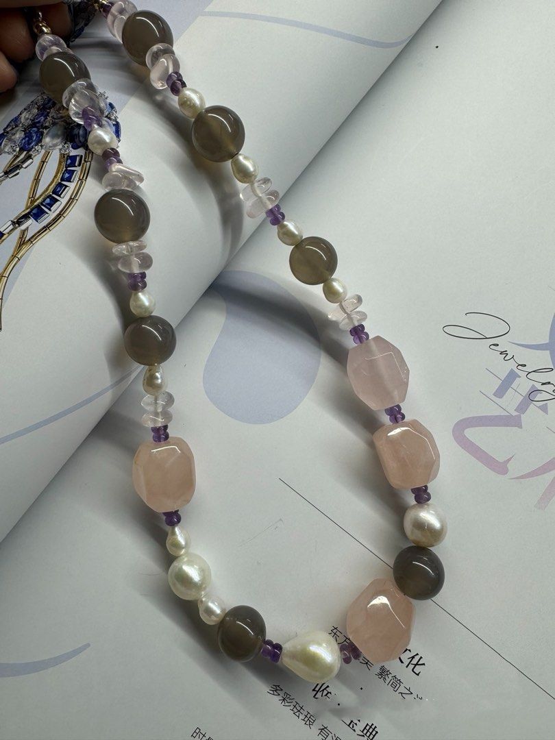 #PN414 Tender Summer|Freshwater Pearl Necklace |Gray Agate|Edison Pearl|Big Rose Quartz
