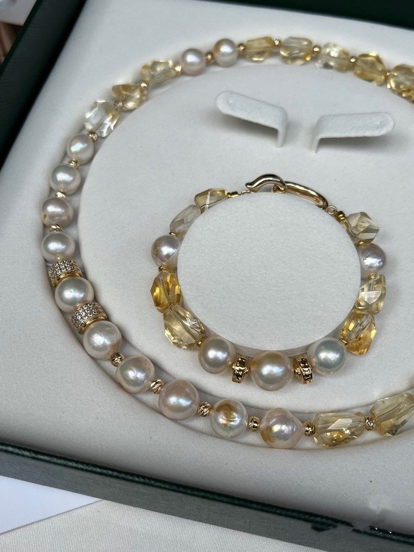 #PN187 Gilt Freshwater Baroque Pearl & Yellow Quartz Necklace & Bracelet Set |Wrinkled Baroque Pearl
