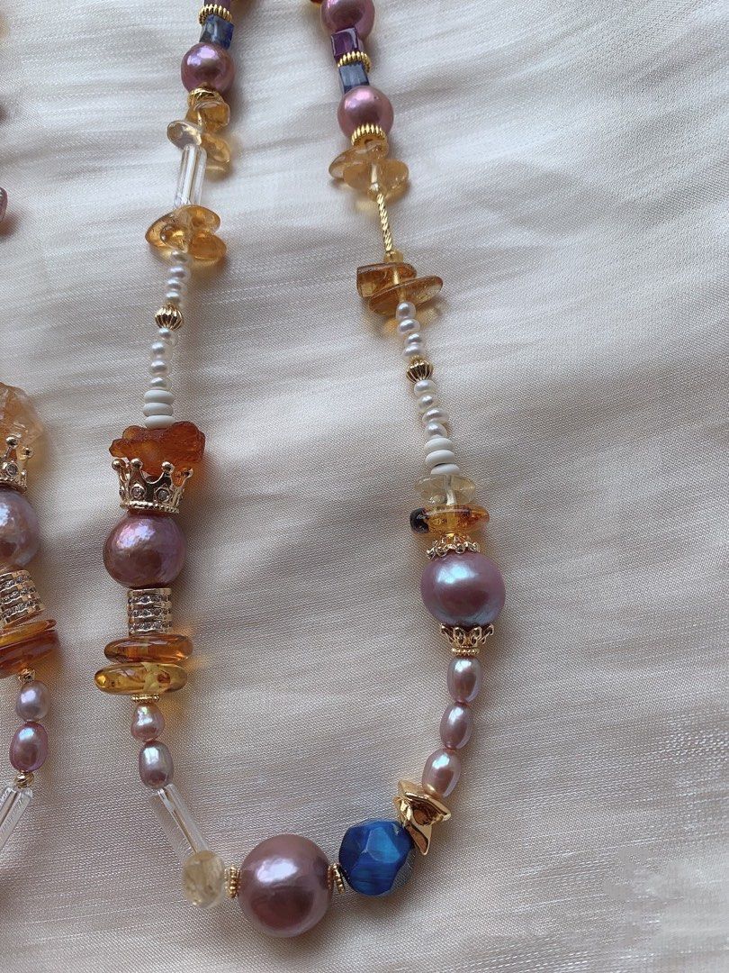 #PN73 [Sale]Medium Long Freshwater Pearl Necklace |Edison Pearl |Natural Stone|Amber|Lapis Lazuli