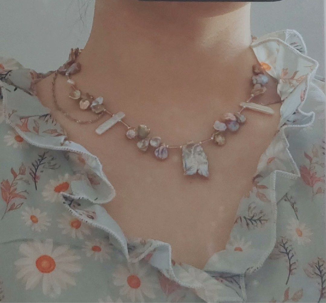 #PN395 [Sale]Fairy Purple Baroque Petals Pearl Necklace |Gilt Colour|Dangling Chains