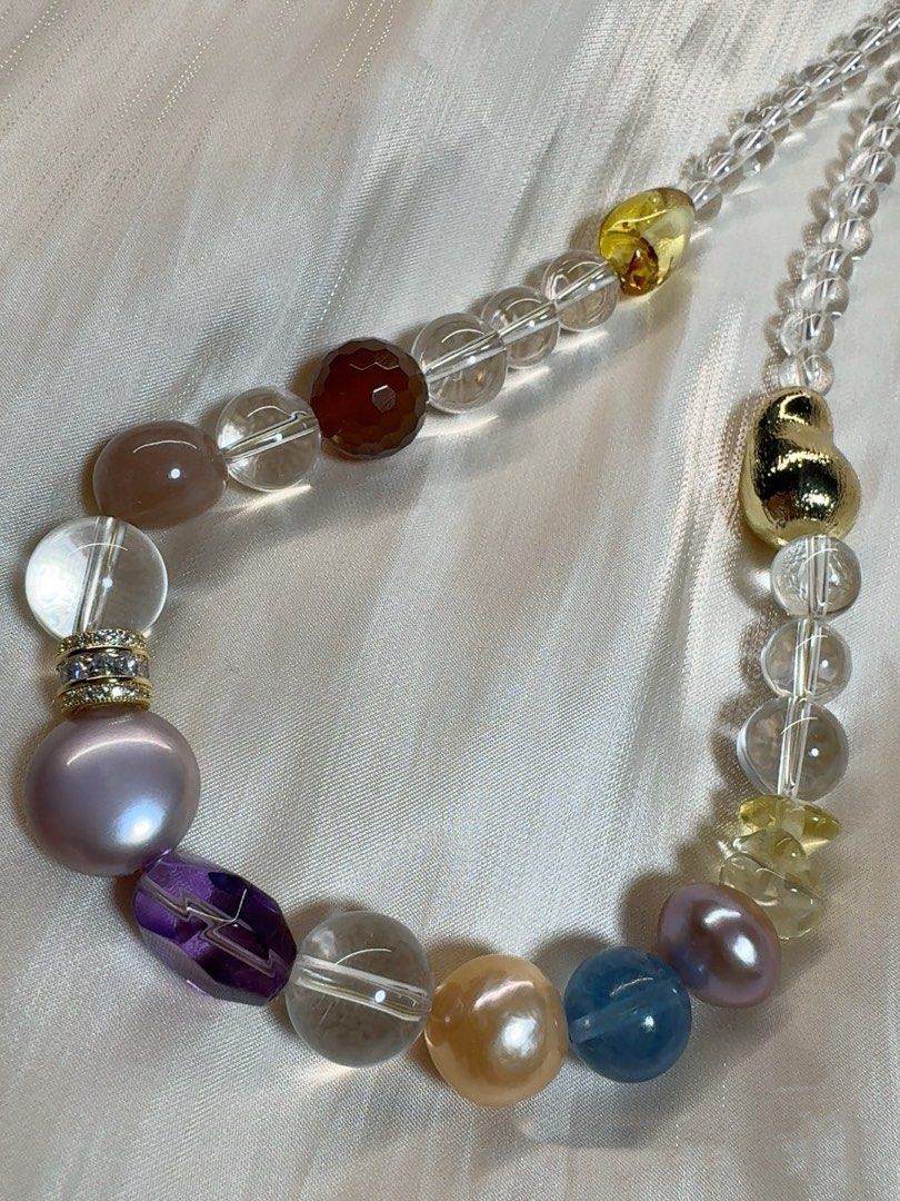 #PN434 Snow Princess|Freshwater Pearl Necklace |Amber|Red Agate|Orange Moonstone|Coin Pearl|Purple Quartz |Aquamarine
