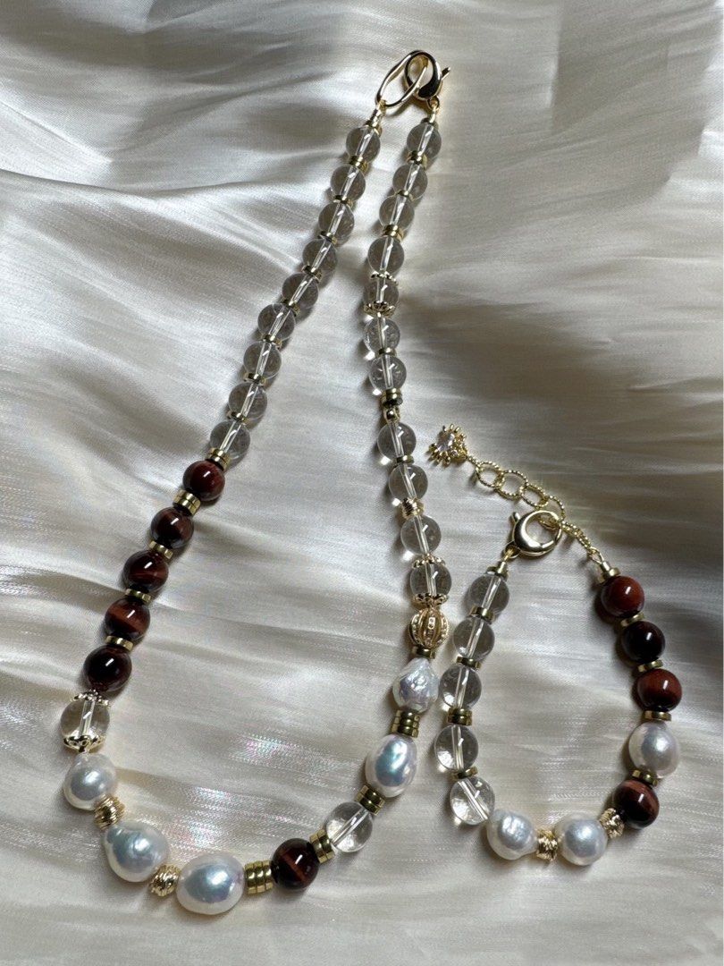 #PN189 [Sale]Pure Red|Freshwater Pearl Necklace & Bracelet Set |High Quality White Quartz |Red Tiger Eye|Big Baroque Pearl |Connect to Longer Necklace