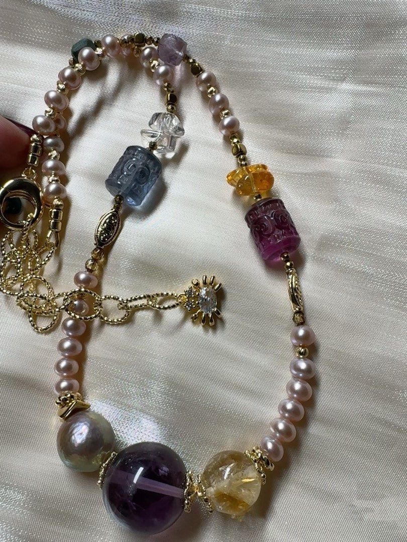 #PN437 Purple Dream|Freshwater Pearl Necklace |Fluorite|Purple Quartz |Wrinkled Baroque Pearl |Natural Flaws|Yellow, White Quartz