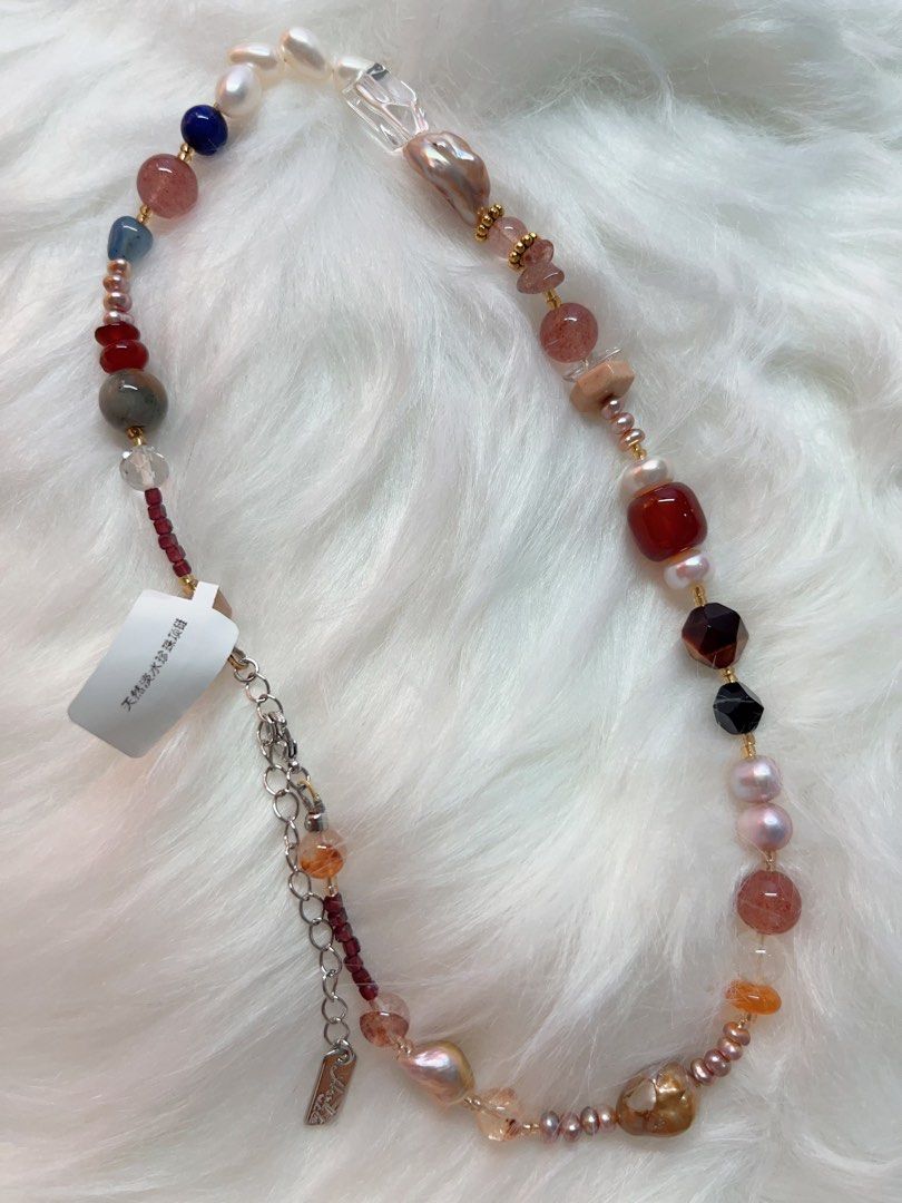 #PN334 Red Fantasy | Freshwater Pearl Necklace | Strawberry Quartz | Garnet Square | Wheat Ears | Wrinkled Baroque Pearl |Natural Flaws | Fire Quartz